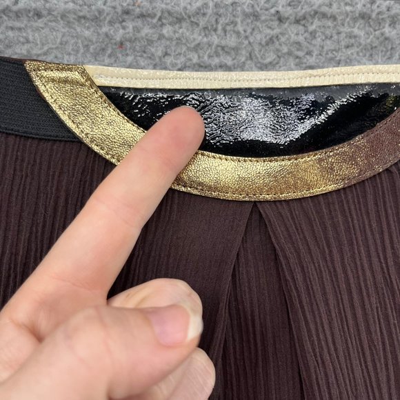 Rozae Nichols Silk Mini Skirt Brown Pleated Gold Accent Pull On Size 2 - Picture 13 of 13